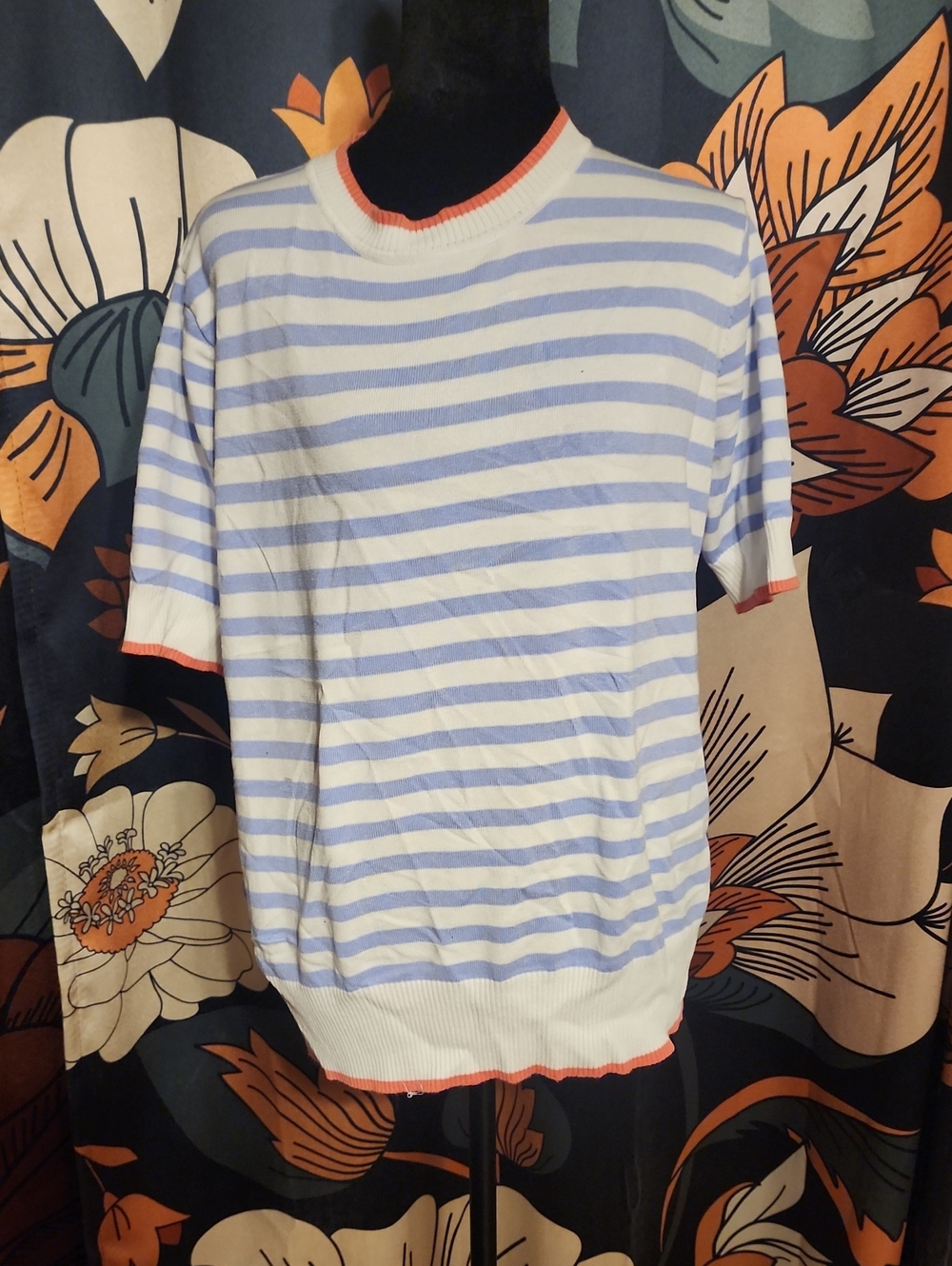 Striped Short-Sleeve Crewneck Tee in Light Blue & White with Coral Trim